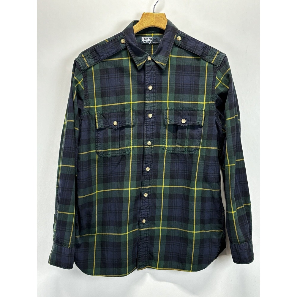 Vtg Polo Ralph Lauren Button Down Shirt Large Mens Plaid Epaulettes Utility